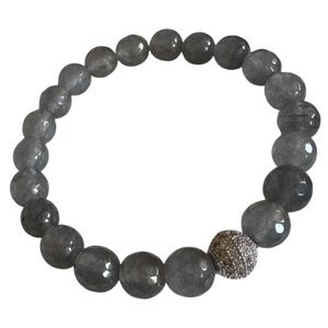 Faceted Natural Gray Chalcedony Stretch Bracelet w/ Silver Pave Spacer